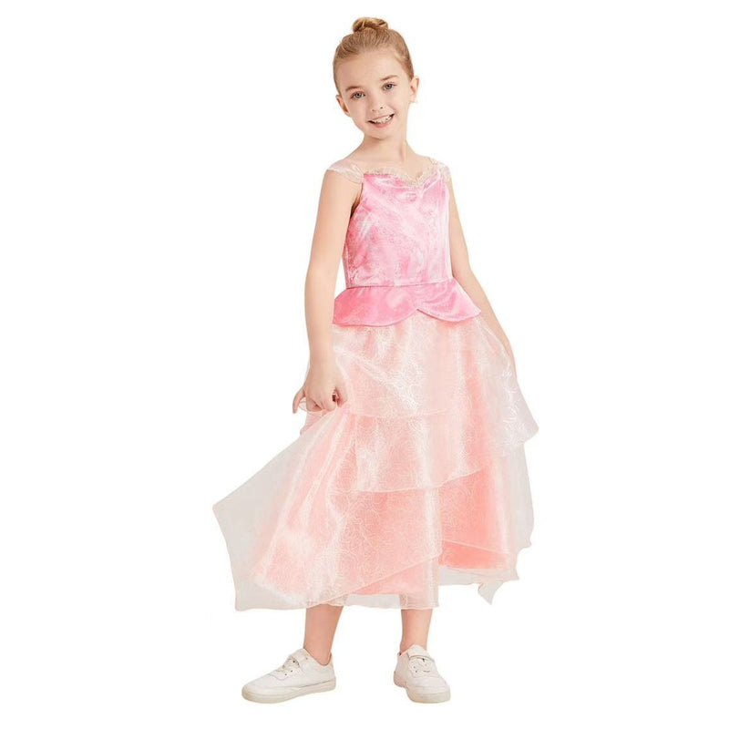 Kids Girls Film Wicked Glinda Cosplay Costume Pink Spaghetti Strap Tiered Dress - AwwwCos
