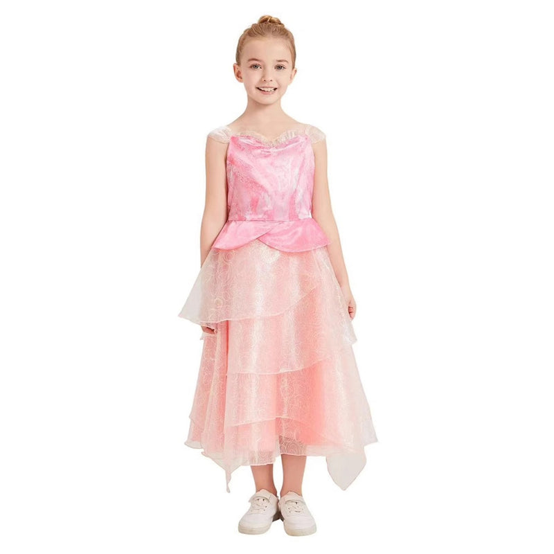 Kids Girls Film Wicked Glinda Cosplay Costume Pink Spaghetti Strap Tiered Dress - AwwwCos