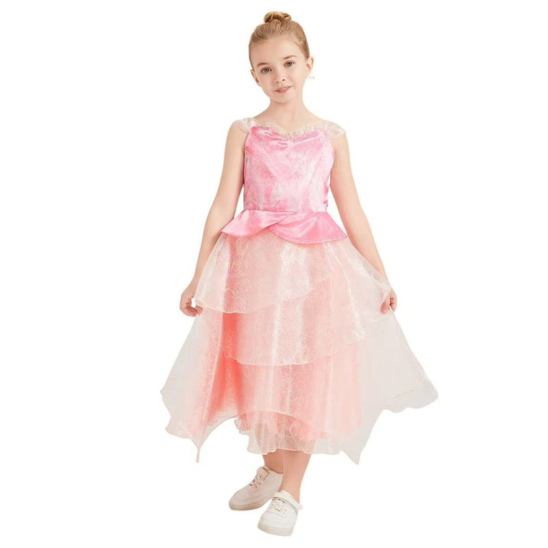 Kids Girls Film Wicked Glinda Cosplay Costume Pink Spaghetti Strap Tiered Dress - AwwwCos