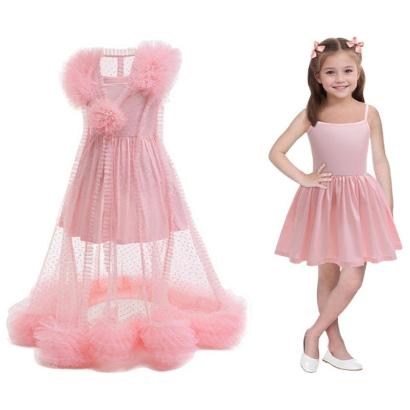 Kids Girls Film Wicked Glinda Cosplay Costume Pink Tulle Gown Spaghetti Strap Dress - AwwwCos
