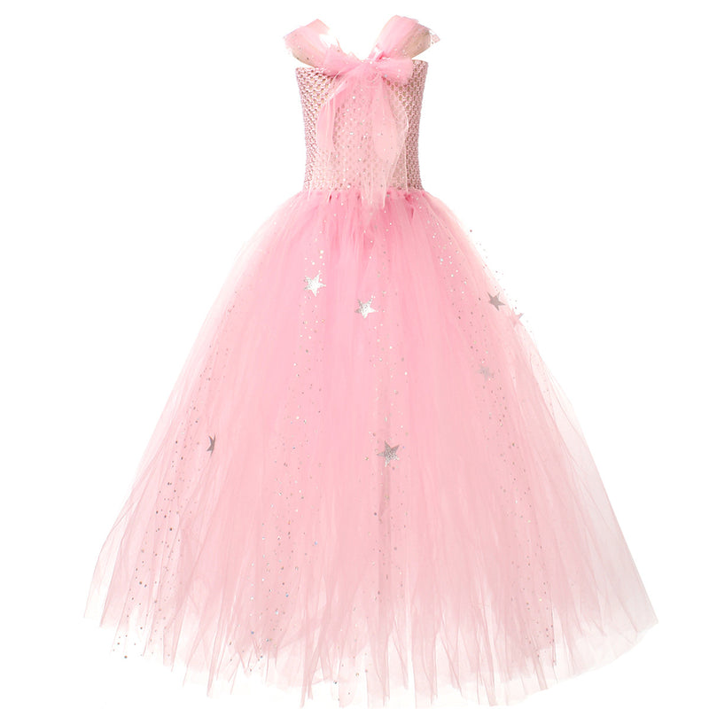 Kids Girls Film Wicked Glinda Cosplay Pink Crochet Tulle Dress Gown - AwwwCos