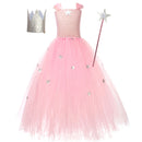 Kids Girls Film Wicked Glinda Cosplay Pink Crochet Tulle Dress Gown - AwwwCos
