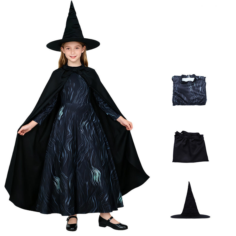 Kids Girls Film Wicked Witch Elphaba Cosplay Costume Dress Black Cloak Hat - AwwwCos