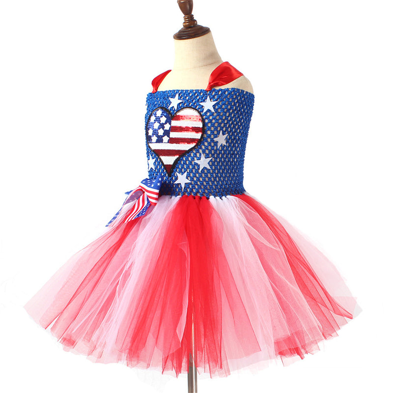 Kids Independence Day Patriotic Cosplay Crochet Dress Pink Skirt