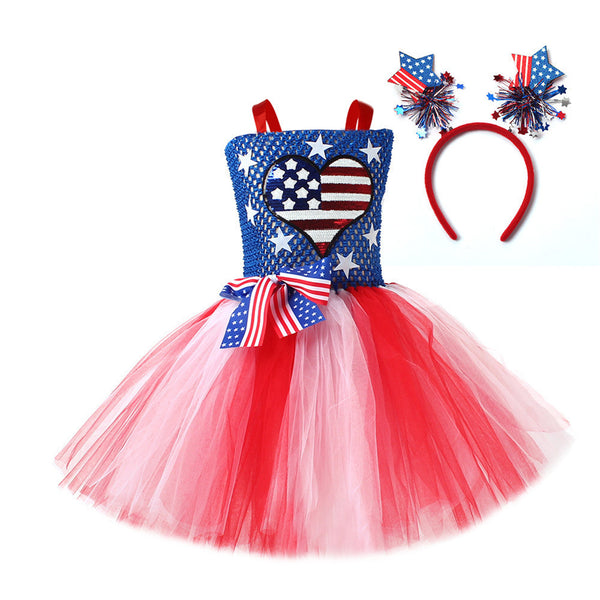 Kids Independence Day Patriotic Cosplay Crochet Dress Pink Skirt