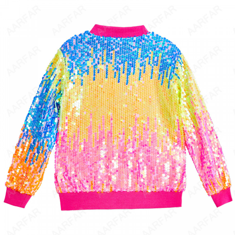 Kids Ribbed Cuffs Sequin Jacket Glitter Zipper Gradient Bomber Coat