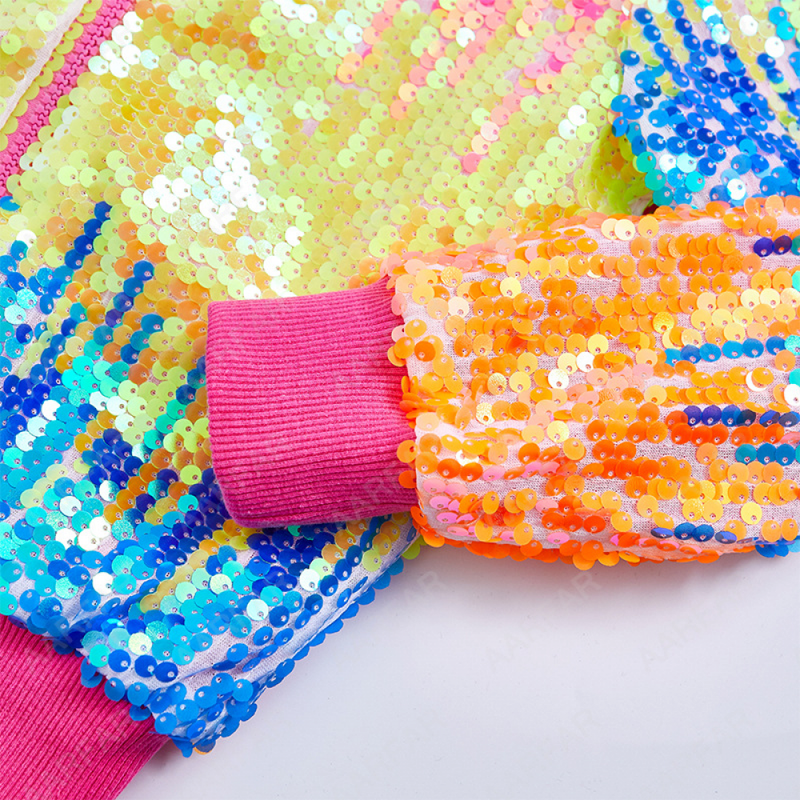 Kids Ribbed Cuffs Sequin Jacket Glitter Zipper Gradient Bomber Coat