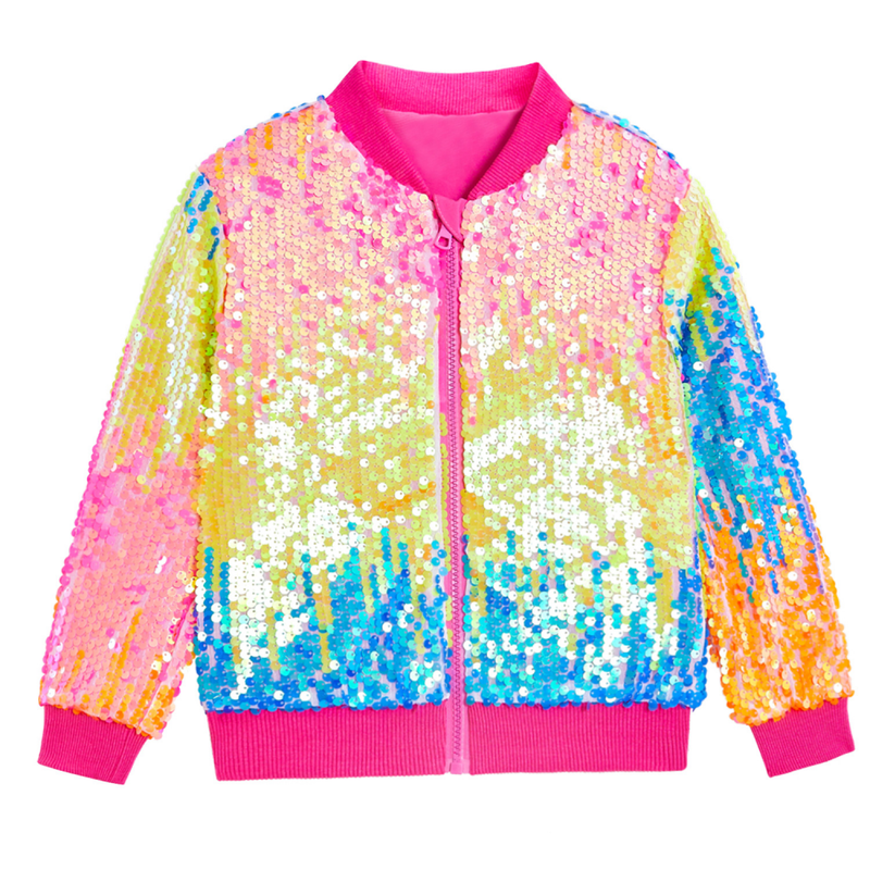 Kids Ribbed Cuffs Sequin Jacket Glitter Zipper Gradient Bomber Coat