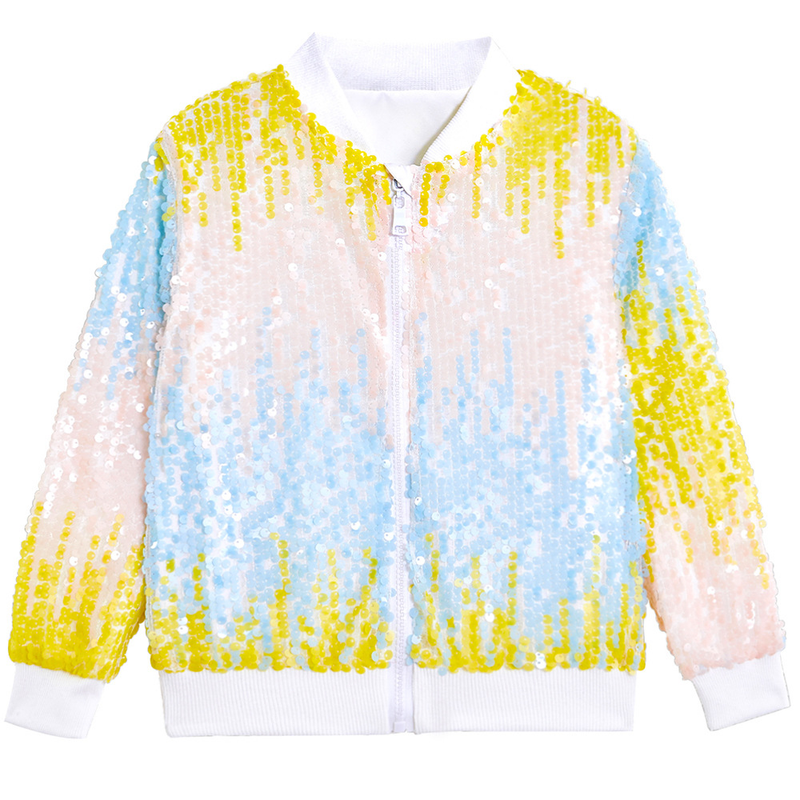 Kids Ribbed Cuffs Sequin Jacket Glitter Zipper Gradient Bomber Coat