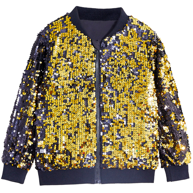 Kids Ribbed Cuffs Sequin Jacket Glitter Zipper Gradient Bomber Coat