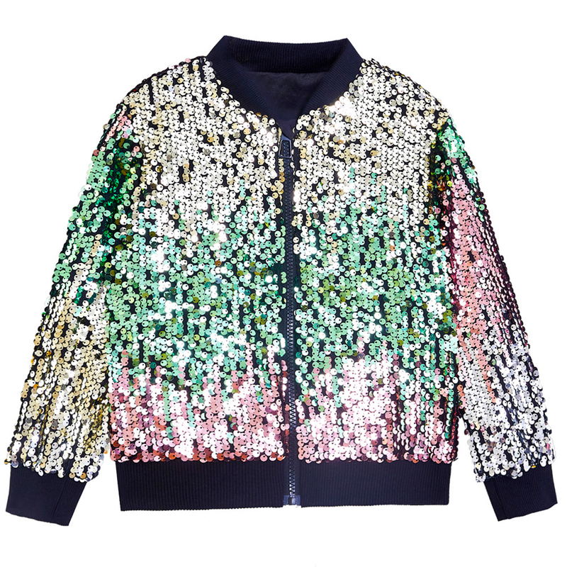 Kids Ribbed Cuffs Sequin Jacket Glitter Zipper Gradient Bomber Coat