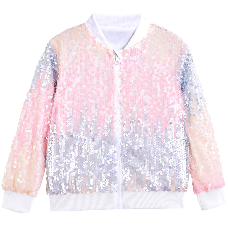 Kids Ribbed Cuffs Sequin Jacket Glitter Zipper Gradient Bomber Coat