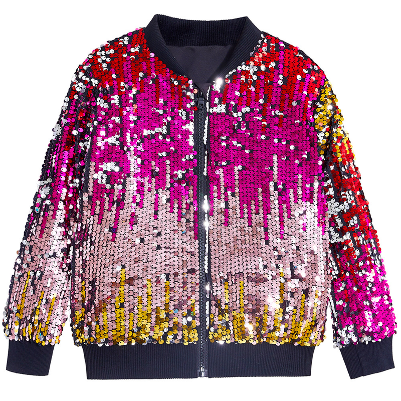 Kids Ribbed Cuffs Sequin Jacket Glitter Zipper Gradient Bomber Coat