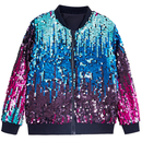 Kids Ribbed Cuffs Sequin Jacket Glitter Zipper Gradient Bomber Coat - AwwwCos