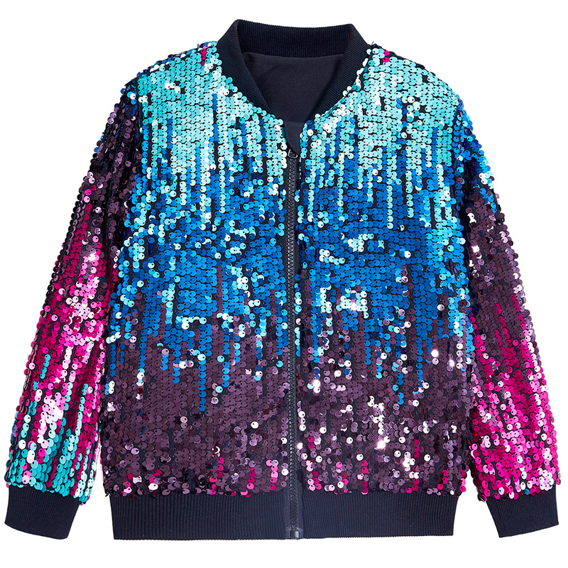 Kids Ribbed Cuffs Sequin Jacket Glitter Zipper Gradient Bomber Coat