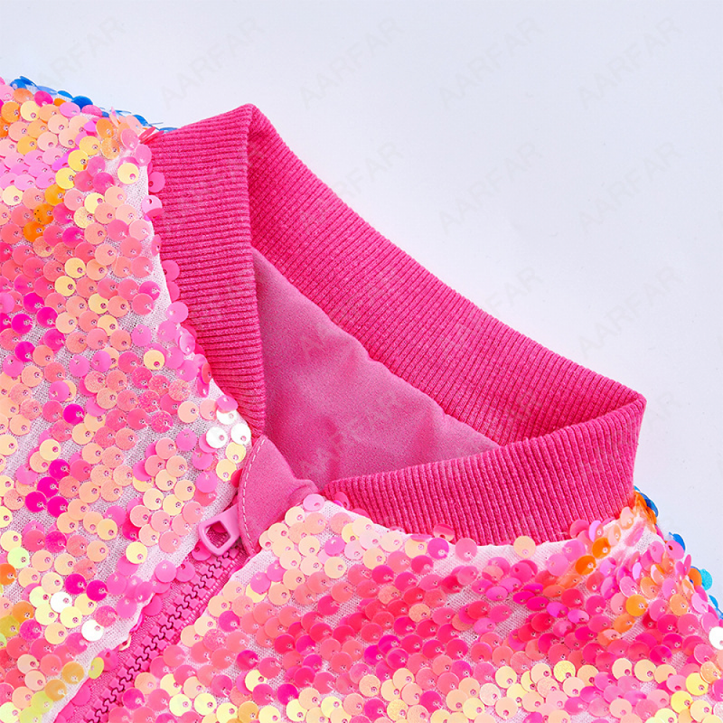 Kids Ribbed Cuffs Sequin Jacket Glitter Zipper Gradient Bomber Coat