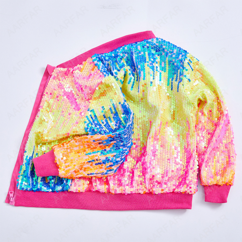 Kids Ribbed Cuffs Sequin Jacket Glitter Zipper Gradient Bomber Coat