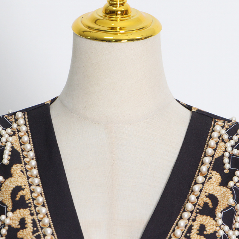 Luxury Palace French Style Women Small Suit Fashion V-neck Bead Printing Jacket - AwwwCos