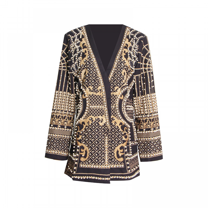 Luxury Palace French Style Women Small Suit Fashion V-neck Bead Printing Jacket - AwwwCos