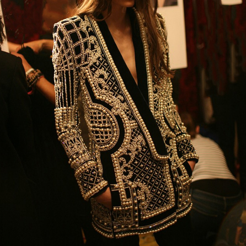 Luxury Palace French Style Women Small Suit Fashion V-neck Bead Printing Jacket - AwwwCos