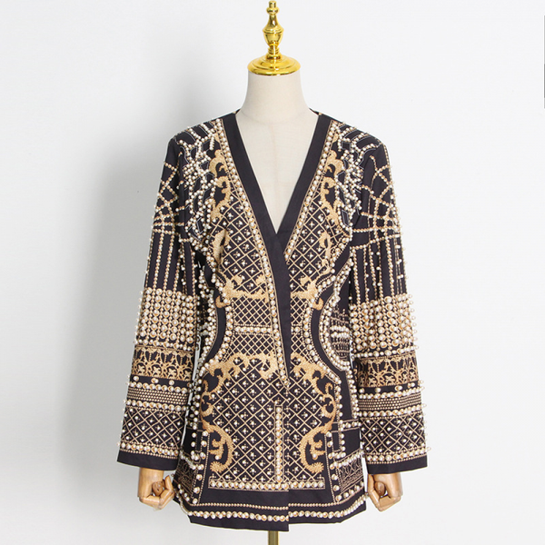 Luxury Palace French Style Women Small Suit Fashion V-neck Bead Printing Jacket - AwwwCos