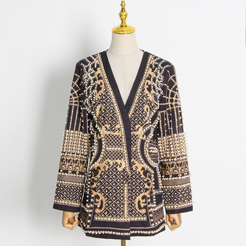 Luxury Palace French Style Women Small Suit Fashion V-neck Bead Printing Jacket - AwwwCos