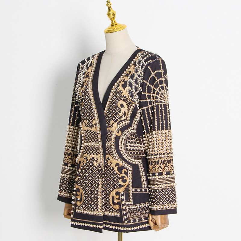 Luxury Palace French Style Women Small Suit Fashion V-neck Bead Printing Jacket - AwwwCos