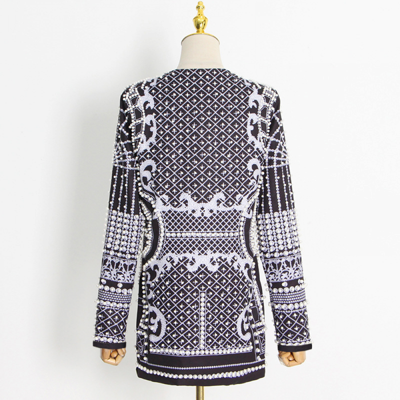 Luxury Palace French Style Women Small Suit Fashion V-neck Bead Printing Jacket - AwwwCos