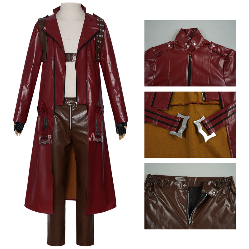 Male Game Dante Cosplay Costume Faux Leather Burgundy Trench - AwwwCos