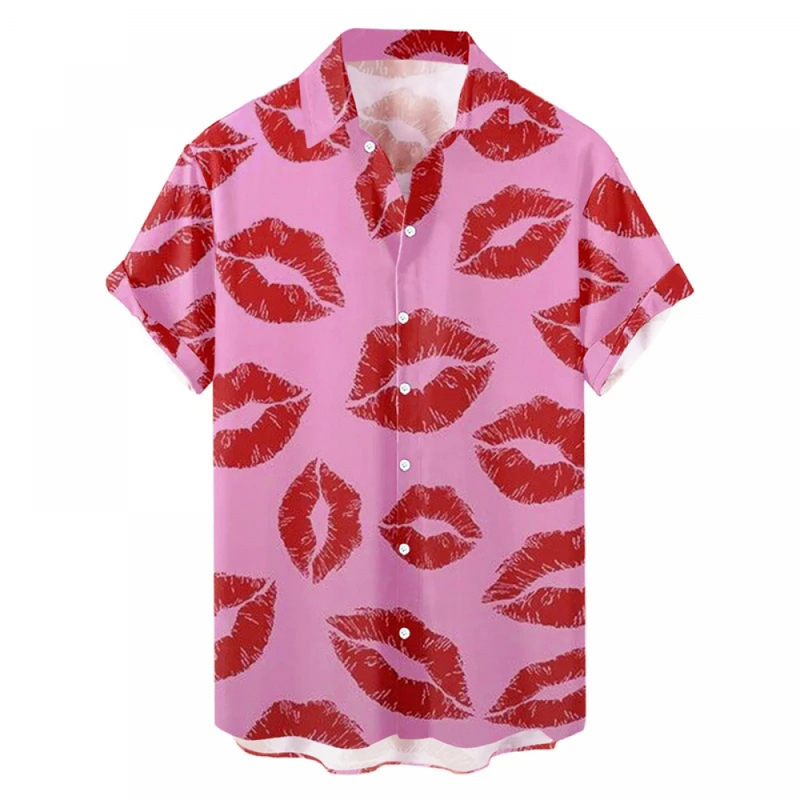 Male Hawaiian Blouse Valentines Party Aloha Button Down Holiday Shirt