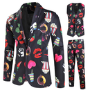 Male Valentine's Day Slim Fit Suit 3 Piece One Button Printed Uniform - AwwwCos