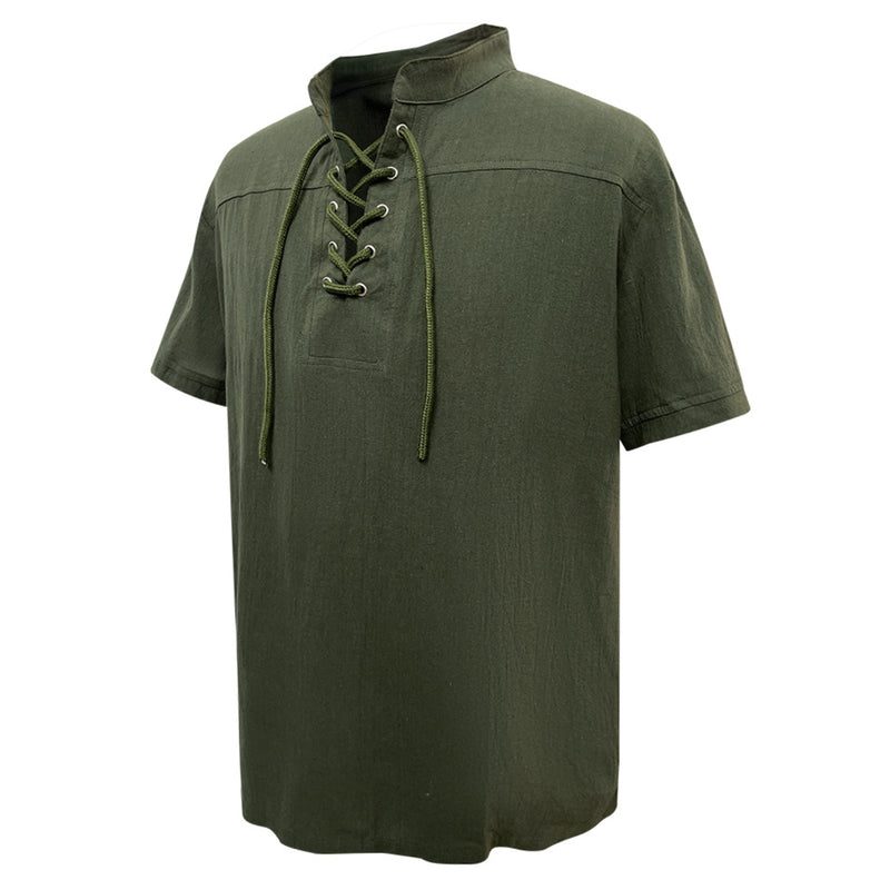Men Cotton Blend Casual Summer Top Lace Up Shirts With Belt - AwwwCos