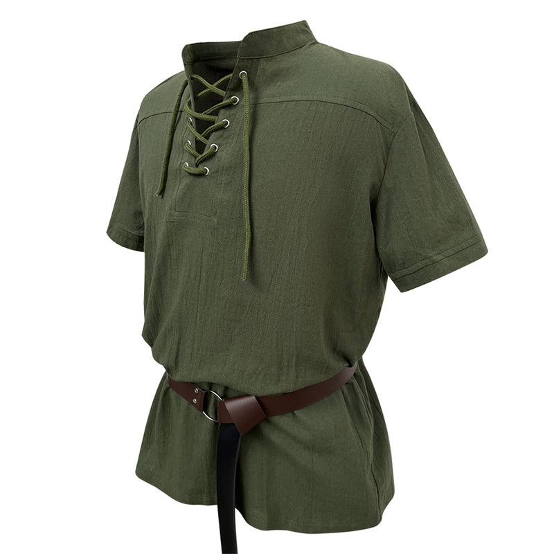 Men Cotton Blend Casual Summer Top Lace Up Shirts With Belt - AwwwCos