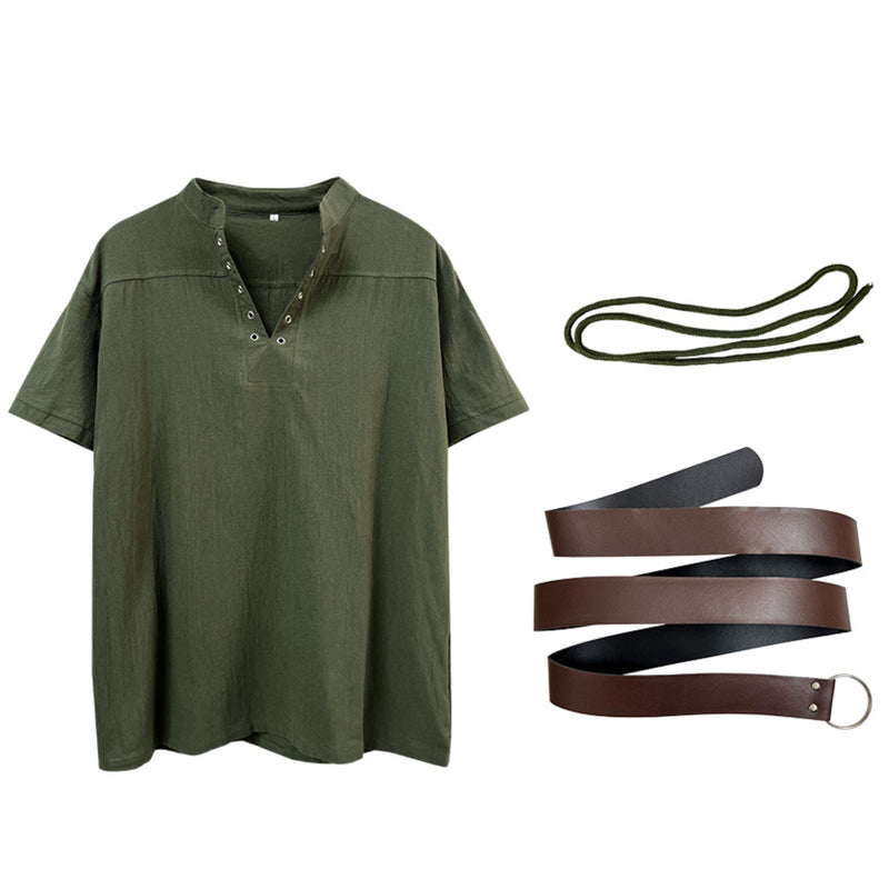 Men Cotton Blend Casual Summer Top Lace Up Shirts With Belt - AwwwCos