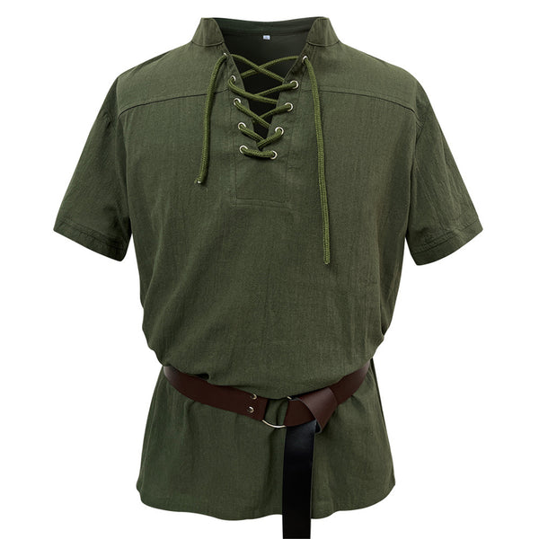 Men Cotton Blend Casual Summer Top Lace Up Shirts With Belt - AwwwCos