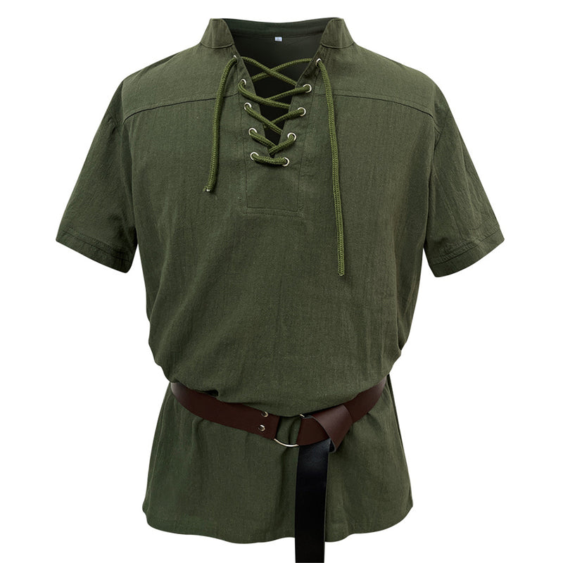 Men Cotton Blend Casual Summer Top Lace Up Shirts With Belt - AwwwCos