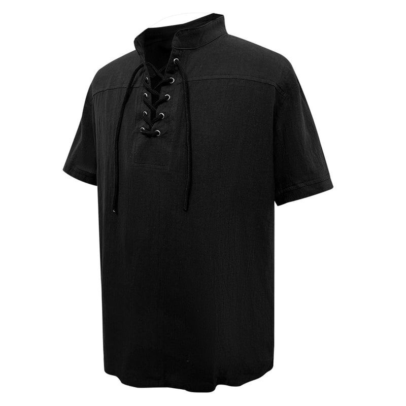 Men Cotton Blend Casual Summer Top Lace Up Shirts With Belt - AwwwCos