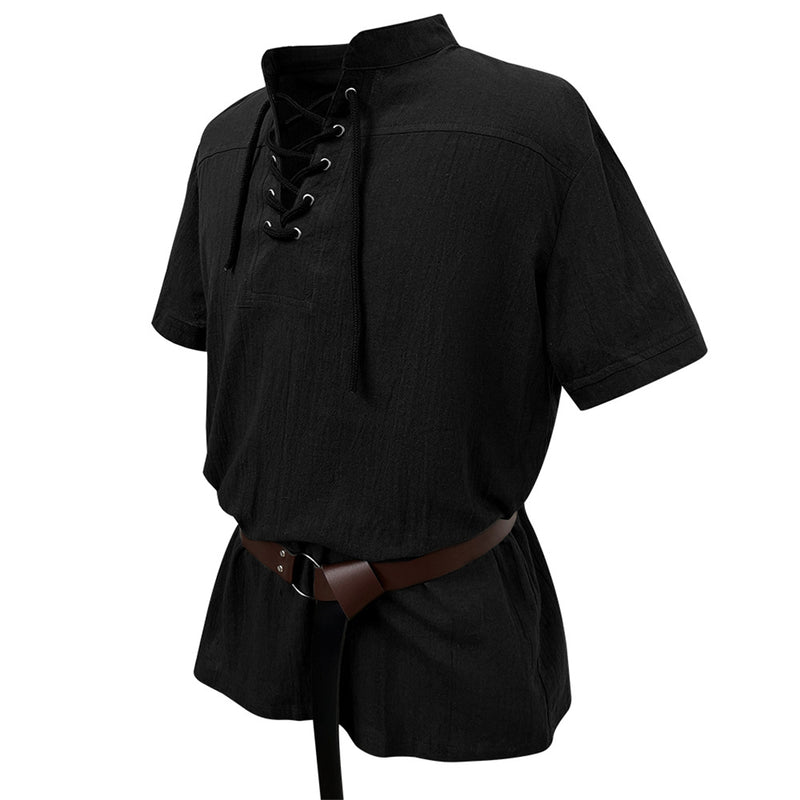 Men Cotton Blend Casual Summer Top Lace Up Shirts With Belt - AwwwCos