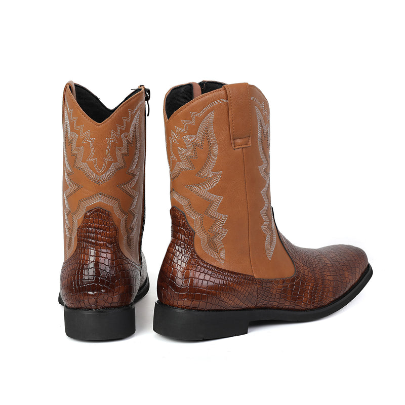 Men Cowboy Cosplay Shoes Embroidered Square Toe Short Crocodile Boots - AwwwCos