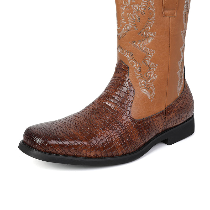 Men Cowboy Cosplay Shoes Embroidered Square Toe Short Crocodile Boots - AwwwCos
