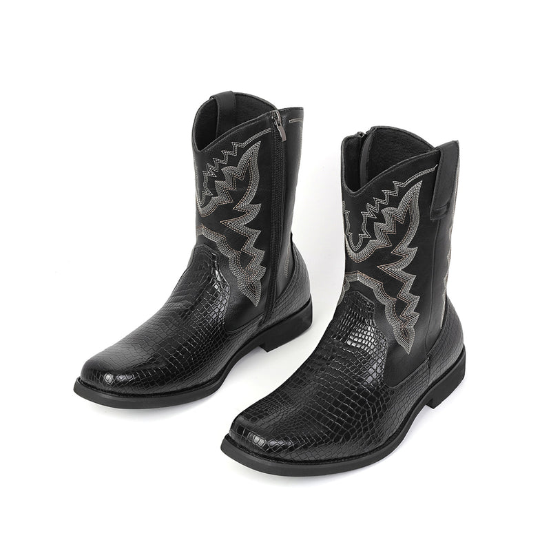 Men Cowboy Cosplay Shoes Embroidered Square Toe Short Crocodile Boots - AwwwCos