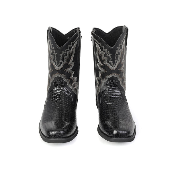 Men Cowboy Cosplay Shoes Embroidered Square Toe Short Crocodile Boots - AwwwCos