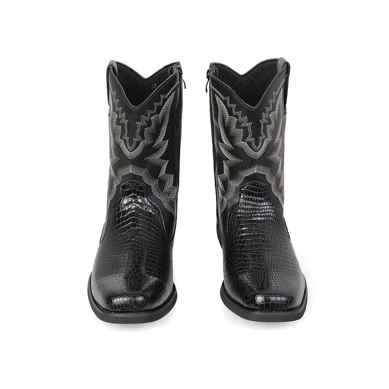 Men Cowboy Cosplay Shoes Embroidered Square Toe Short Crocodile Boots - AwwwCos