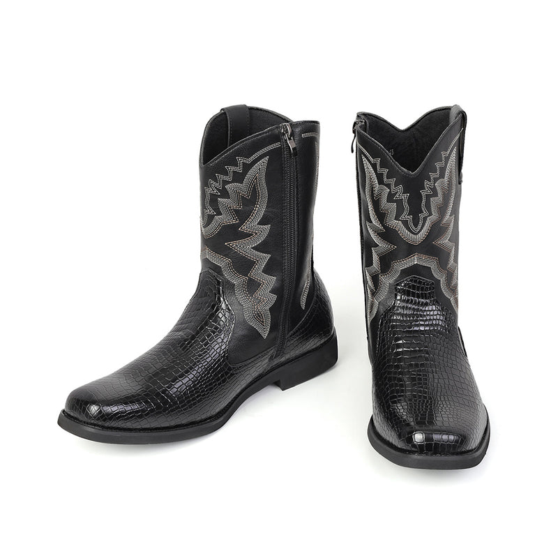 Men Cowboy Cosplay Shoes Embroidered Square Toe Short Crocodile Boots - AwwwCos