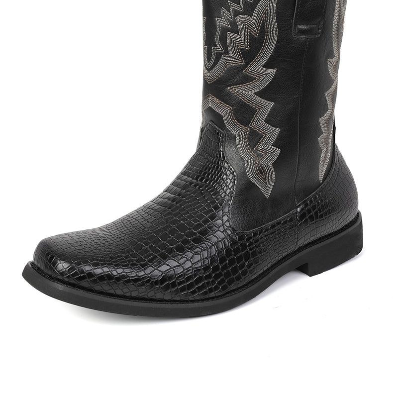 Men Cowboy Cosplay Shoes Embroidered Square Toe Short Crocodile Boots - AwwwCos