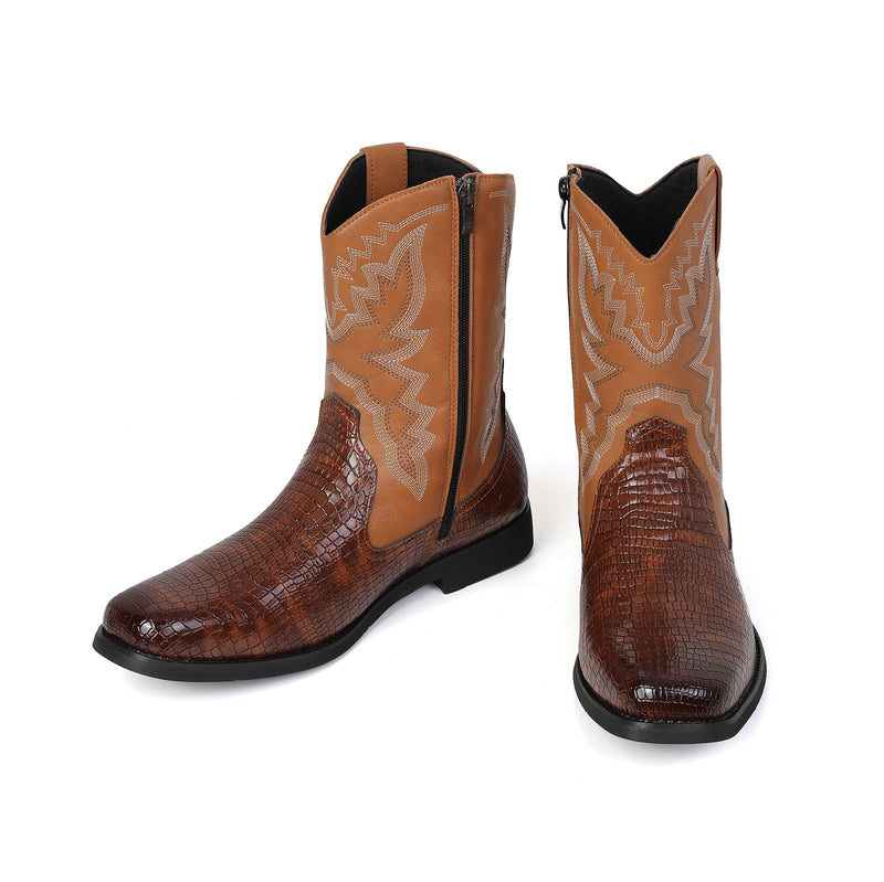 Men Cowboy Cosplay Shoes Embroidered Square Toe Short Crocodile Boots - AwwwCos