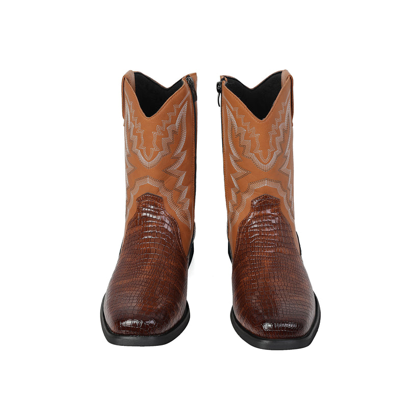 Men Cowboy Cosplay Shoes Embroidered Square Toe Short Crocodile Boots - AwwwCos