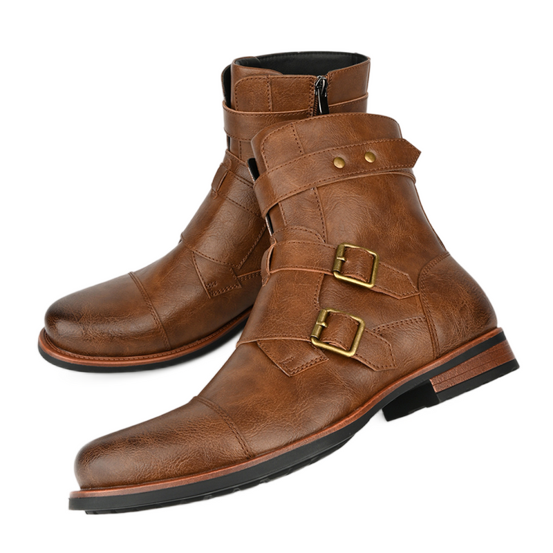 Men Cowboy Cosplay Shoes Solid Color Casual Buckle Side Zipper Low Heel Boots - AwwwCos