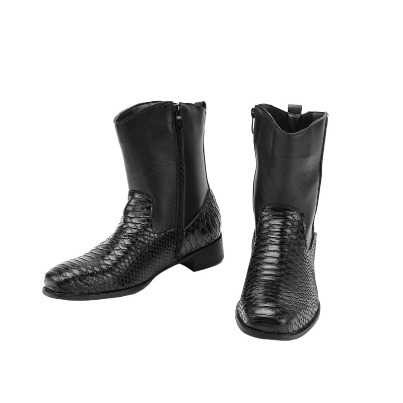 Men Cowboy Flat Heel Crocodile Pattern Shoes Mid Calf Square Toe Boots - AwwwCos