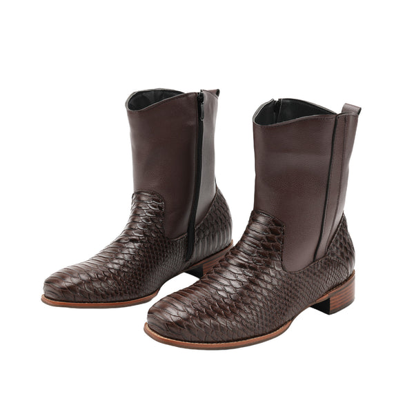 Men Cowboy Flat Heel Crocodile Pattern Shoes Mid Calf Square Toe Boots - AwwwCos